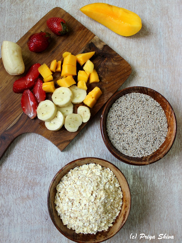 ingredients for oats chia seeds breakfast bowl