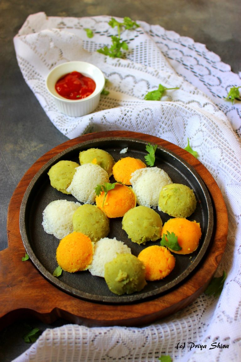 Tri-Color Mini Idlis / Vegetable Idli Recipe - PRIYA KITCHENETTE